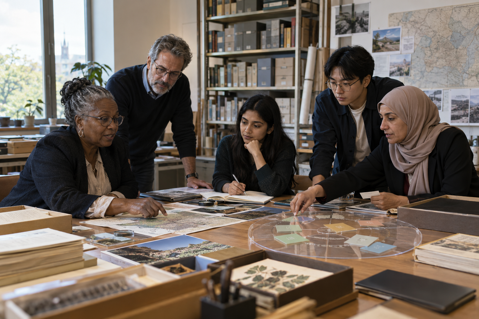 A diverse research team examining maps and archival material, illustrative Better Future Group visual.