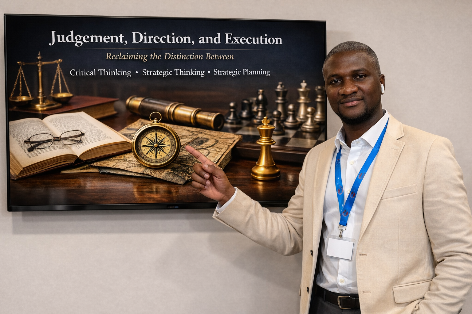 Dr Lamin K. Janneh speaking at a professional conference, illustrative Better Future Group visual.