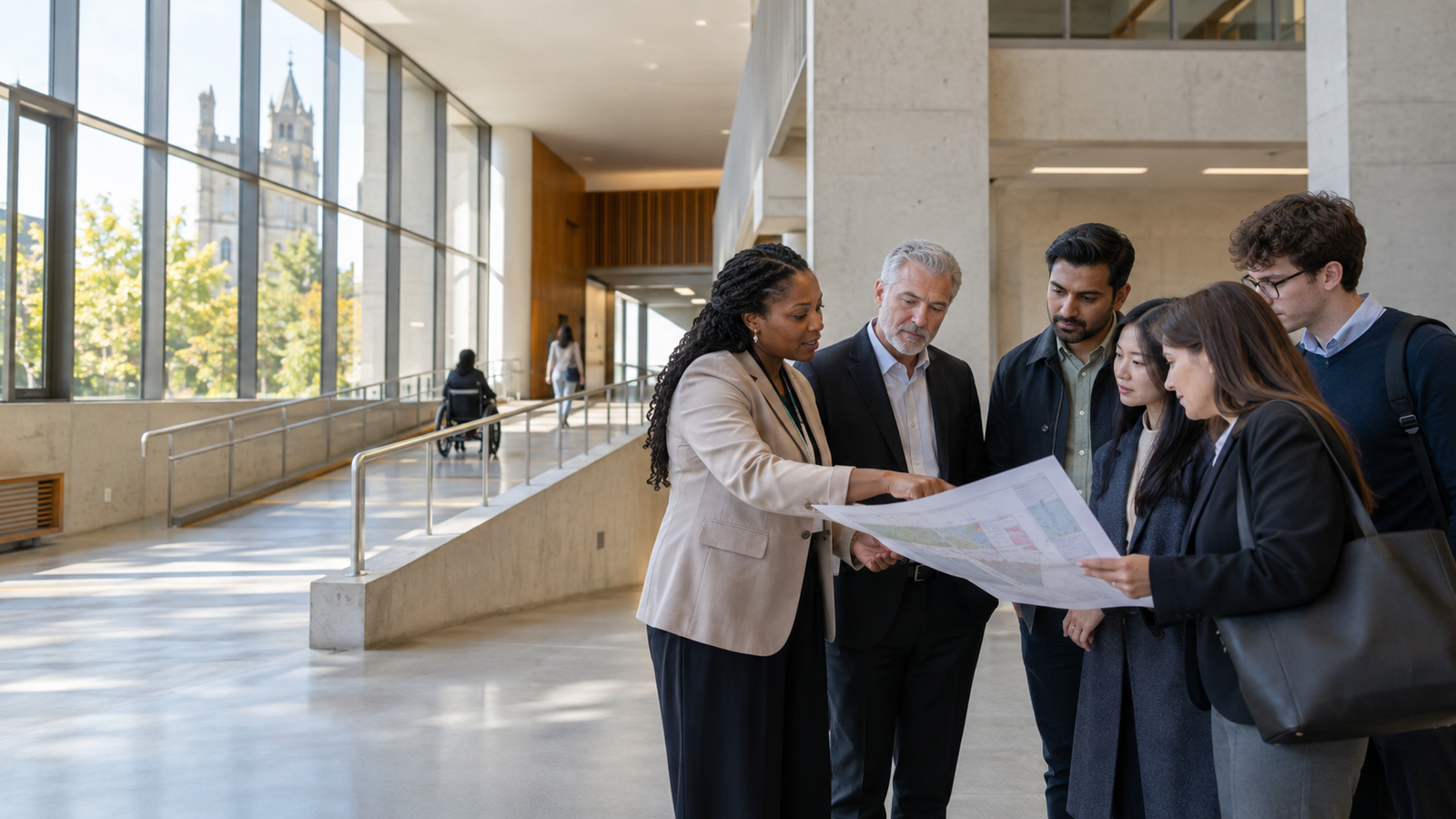 Diverse professionals reviewing public-service access and institutional improvement in a civic building, illustrative BFG visual.