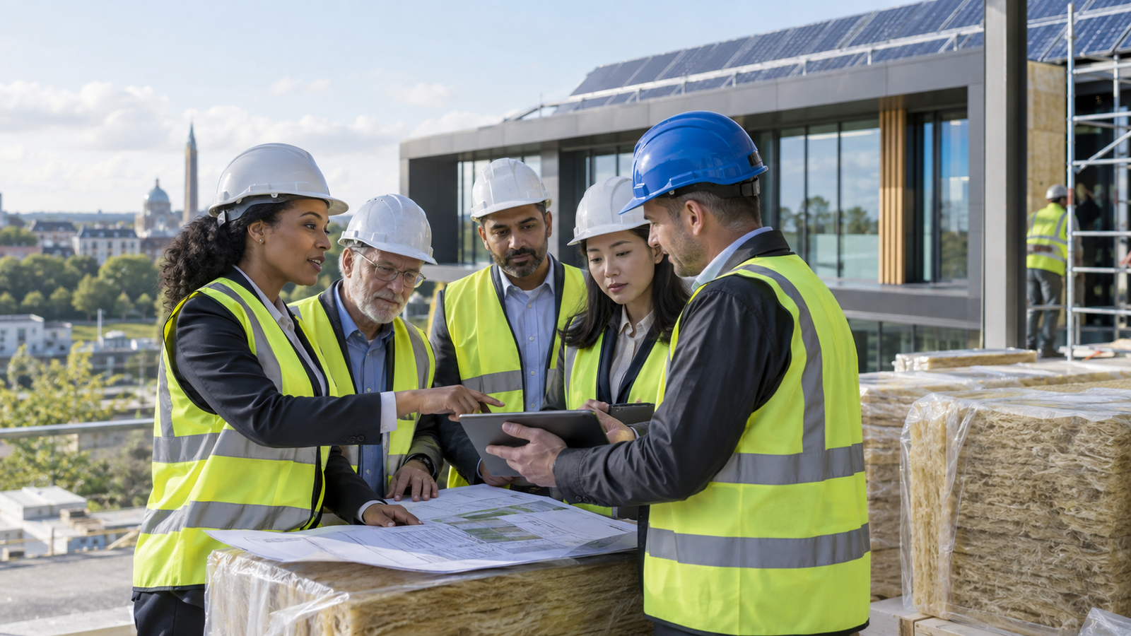 A diverse professional team conducting a clean-energy building retrofit site assessment, illustrative BFG visual.