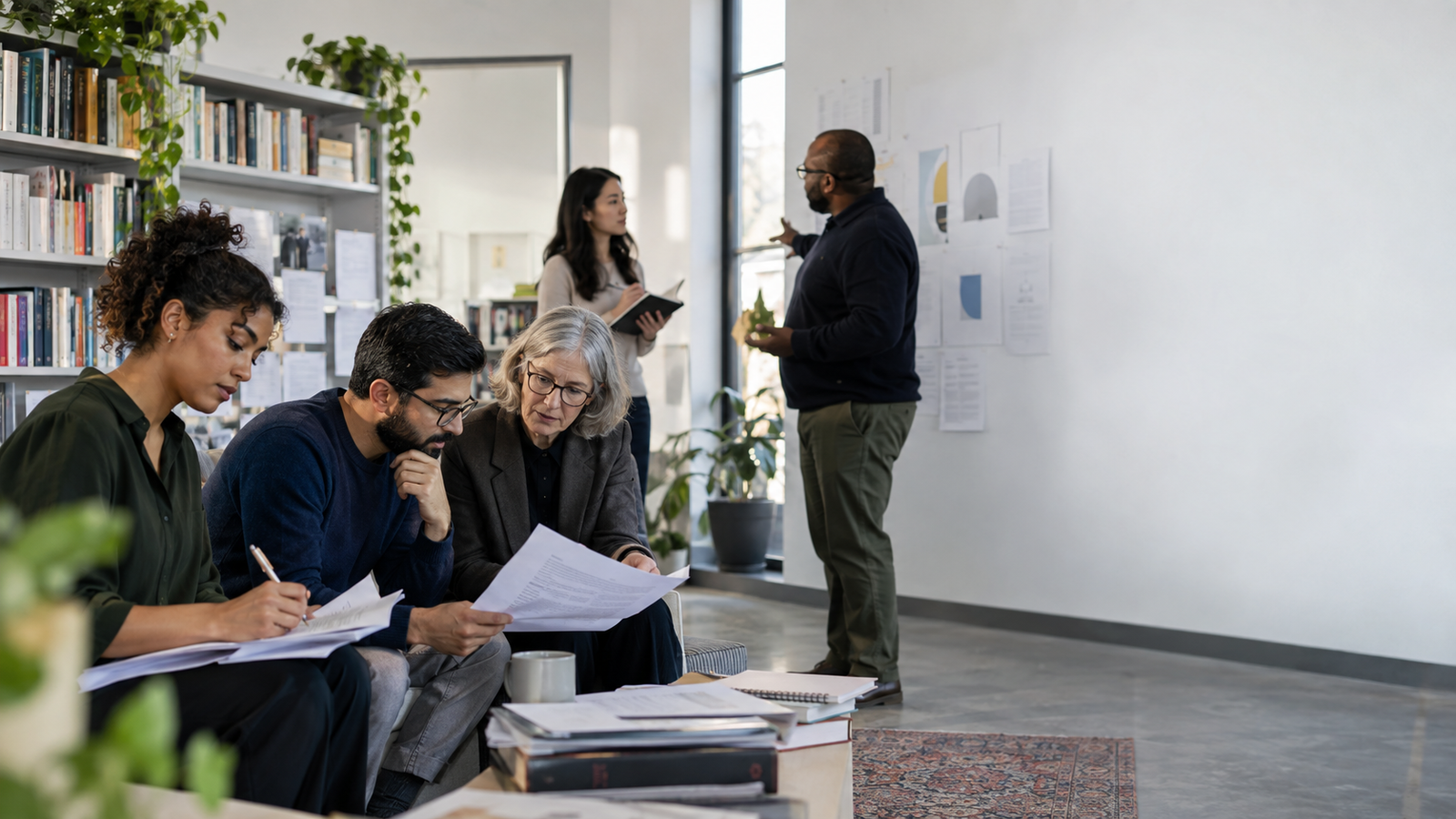 A diverse research team reviewing evidence and methodology in a research studio, illustrative BFG visual.