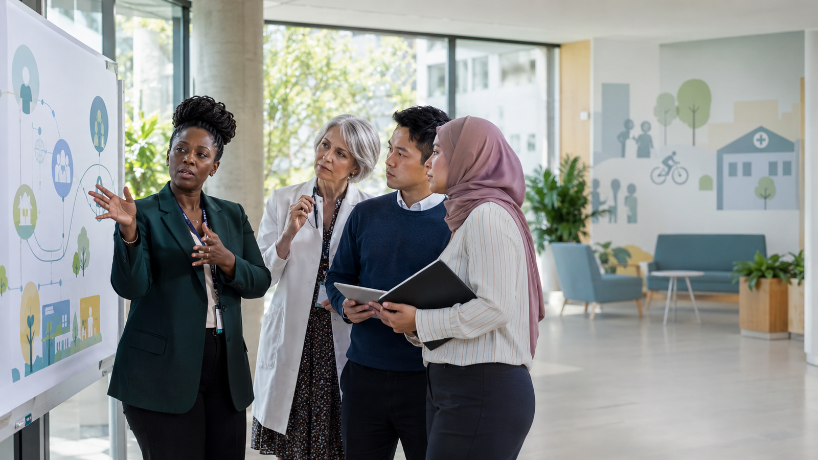 A diverse public-health policy team reviewing service pathways, illustrative BFG visual.