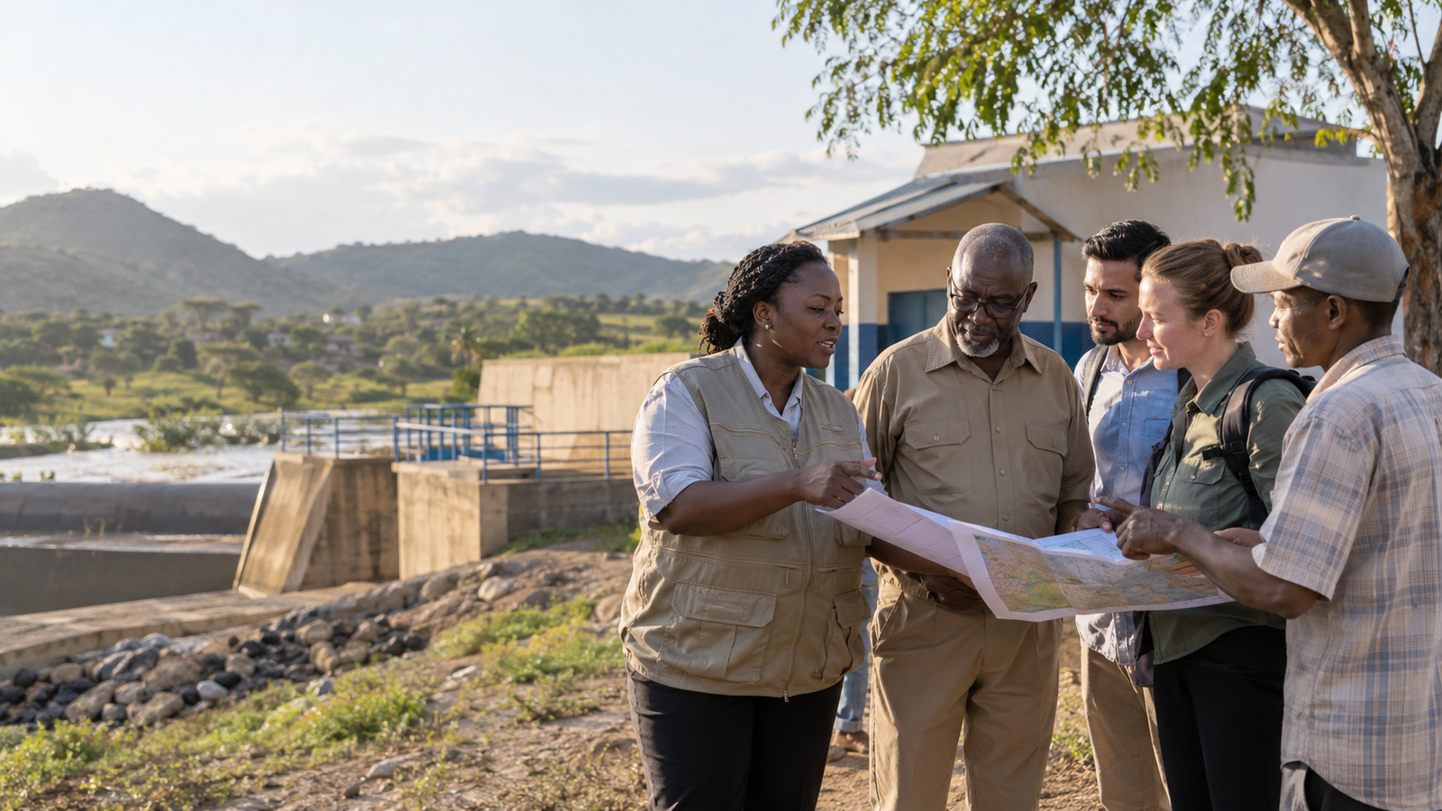 Development advisers reviewing a community infrastructure site map with an institutional representative, illustrative BFG visual.
