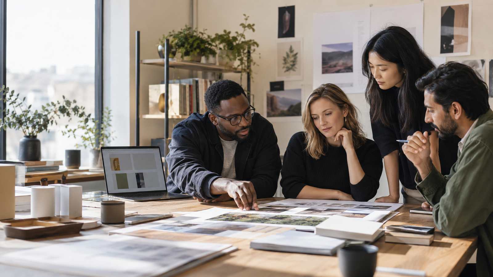 Editorial and commerce professionals reviewing a knowledge product layout, illustrative BFG visual.
