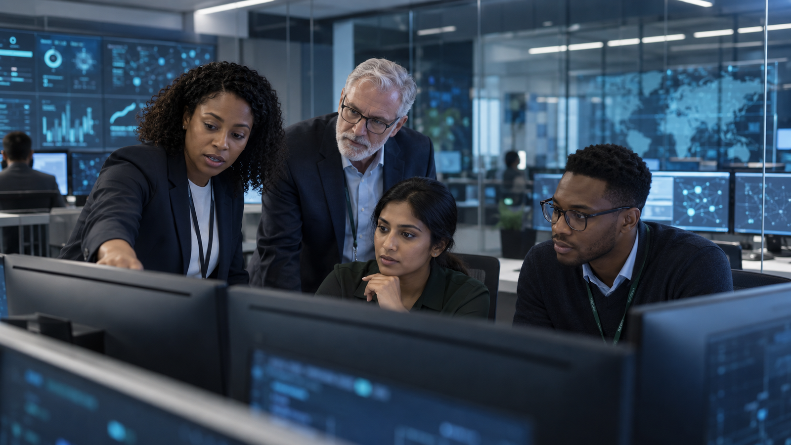 A diverse cyber-risk and resilience team reviewing security controls in an operations environment, illustrative BFG visual.