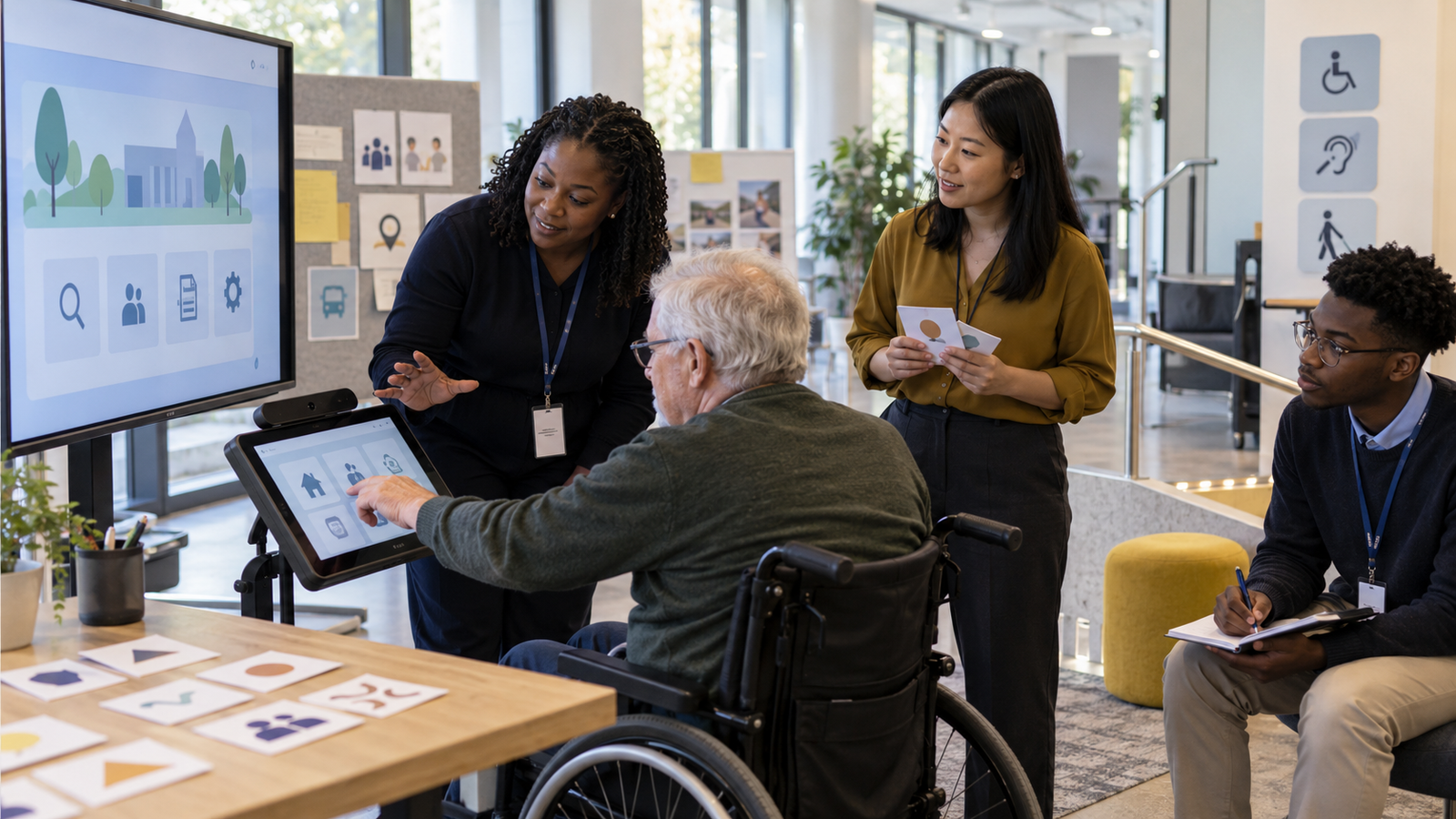 A diverse public-service design team testing an accessible digital service prototype, illustrative BFG visual.
