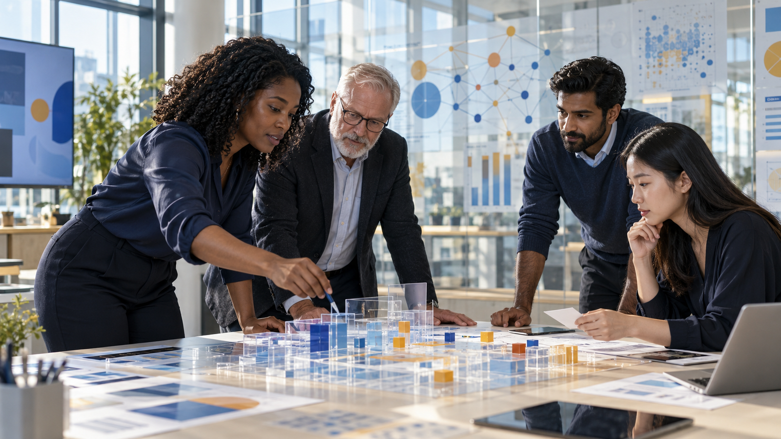A diverse data and decision-intelligence team translating evidence into an analytical model, illustrative BFG visual.