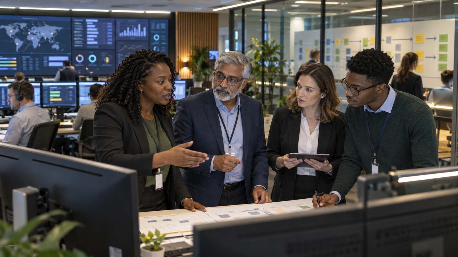 A diverse transformation delivery team reviewing service operations and workflow improvements, illustrative BFG visual.