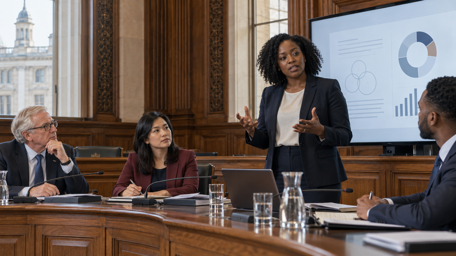 A diverse public-sector policy team conducting a governance briefing in a civic institution, illustrative BFG visual.