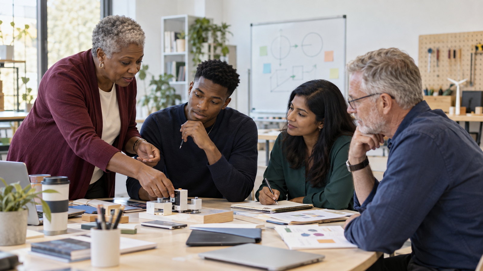 A diverse workforce development team building practical capability together, illustrative BFG visual.