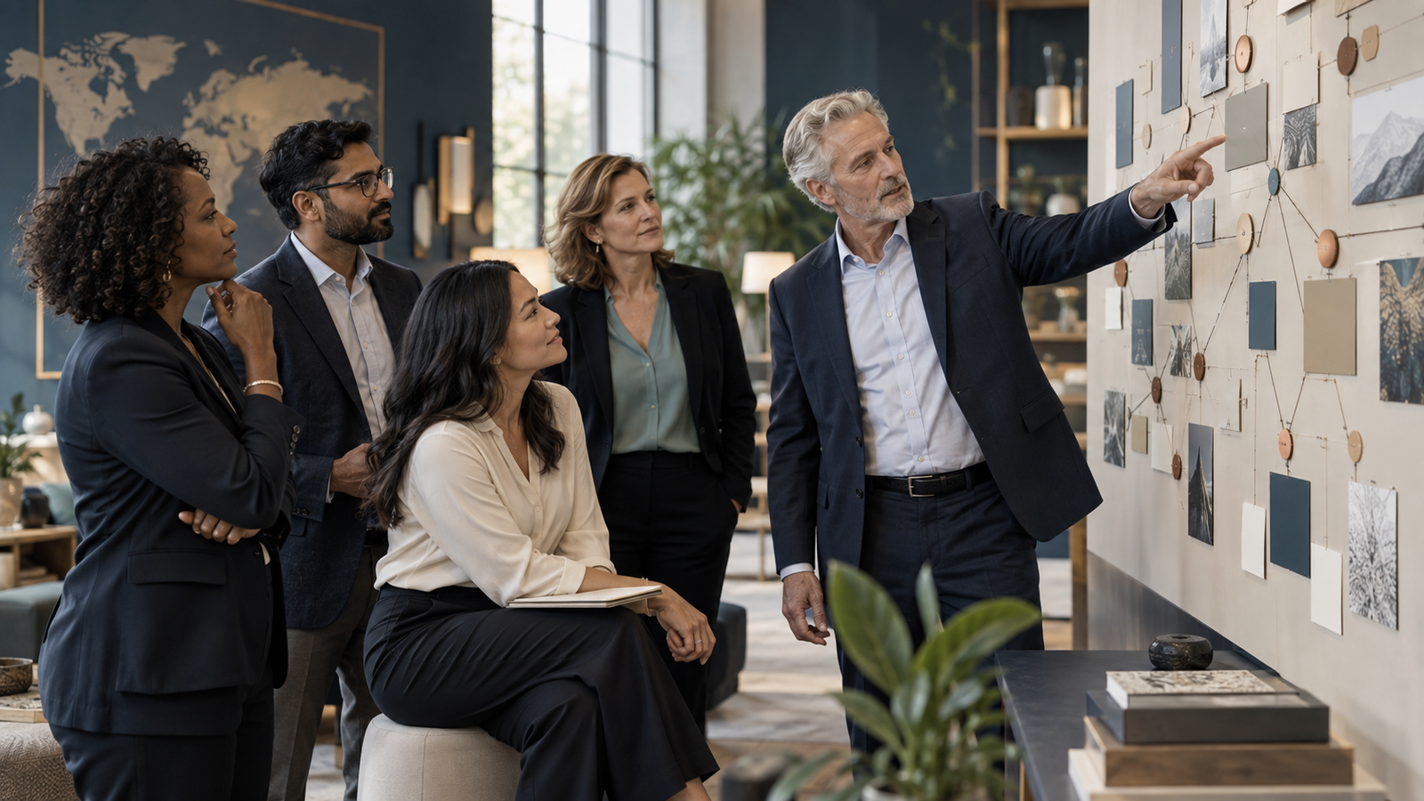A diverse leadership team mapping connected capabilities in a strategy studio, illustrative BFG visual.