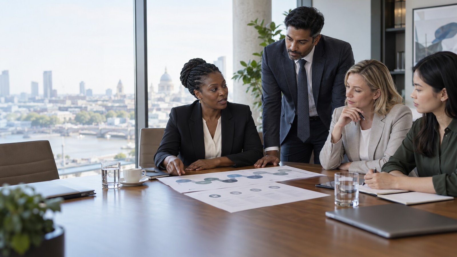 Executive team reviewing an AI governance and adoption roadmap