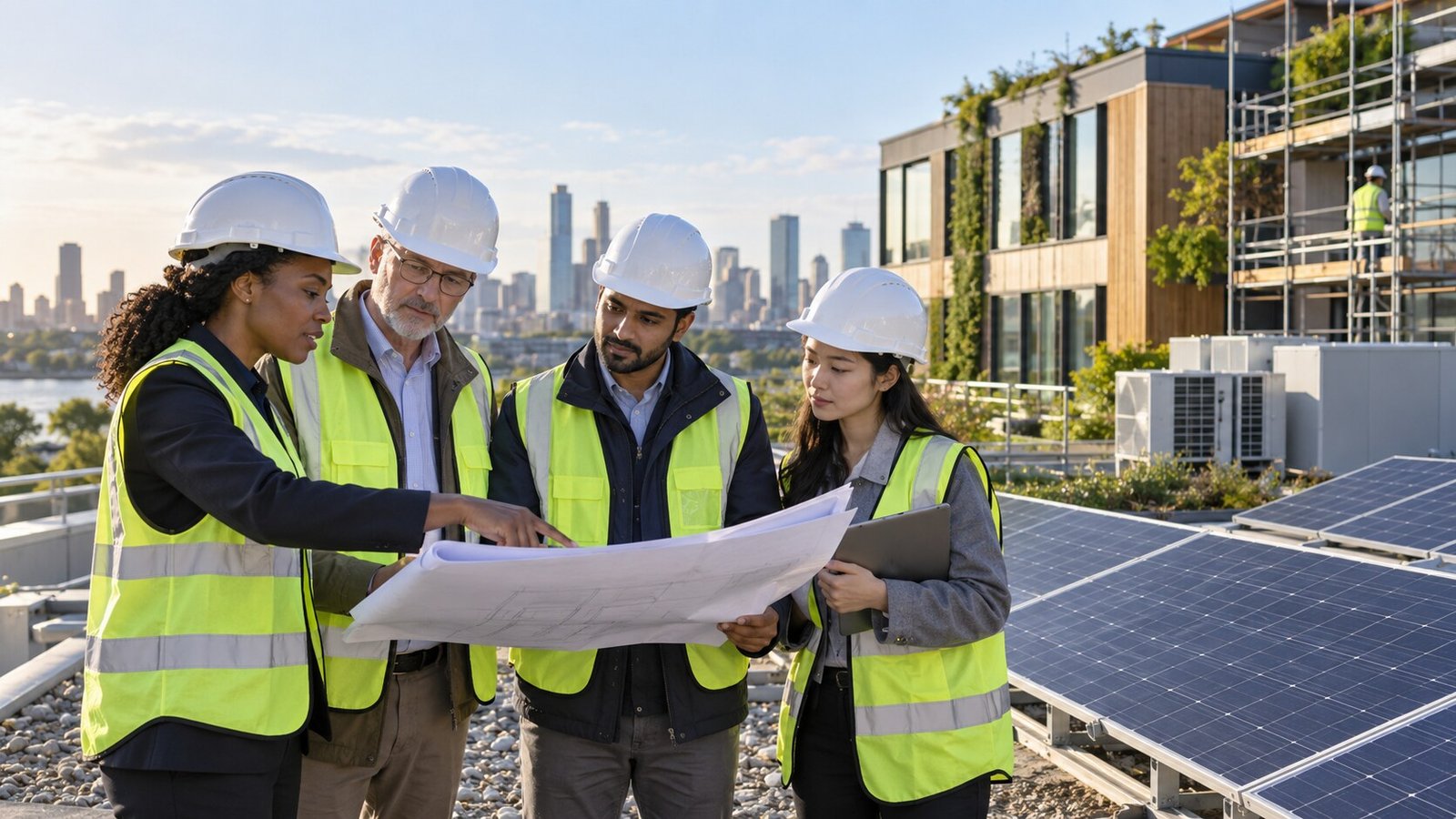 Field team reviewing renewable-energy and building-efficiency plans