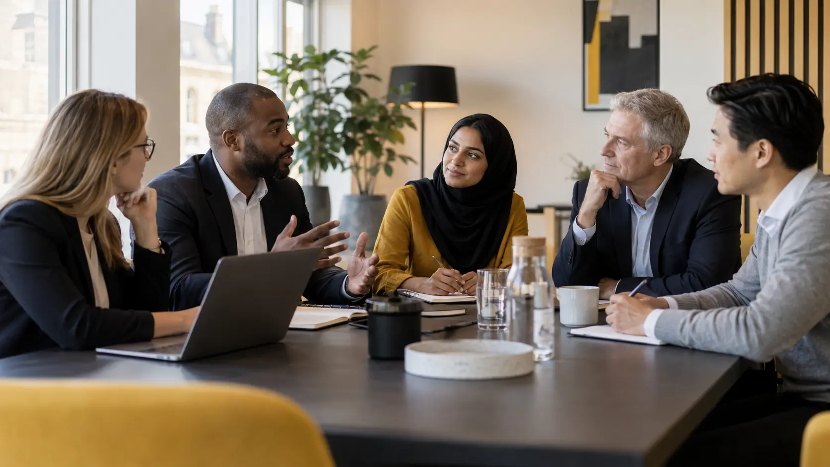 Illustrative diverse client group taking part in a professional feedback discussion.