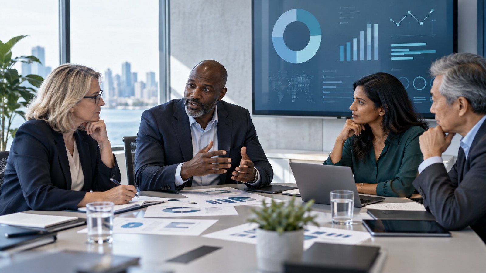 Decision team interpreting charts and an abstract analytics dashboard