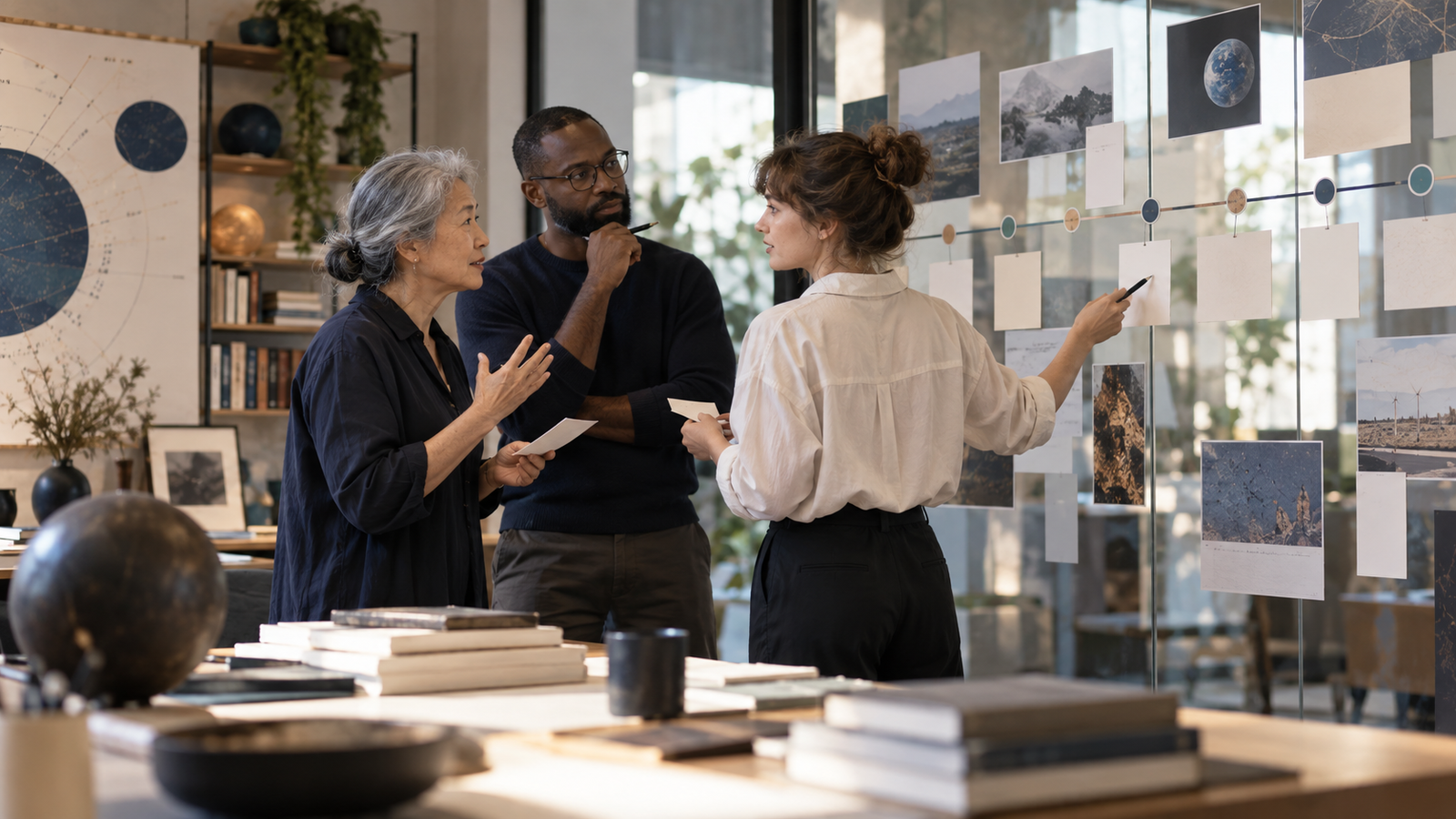 A diverse research team developing scenarios in a foresight studio, illustrative BFG visual.