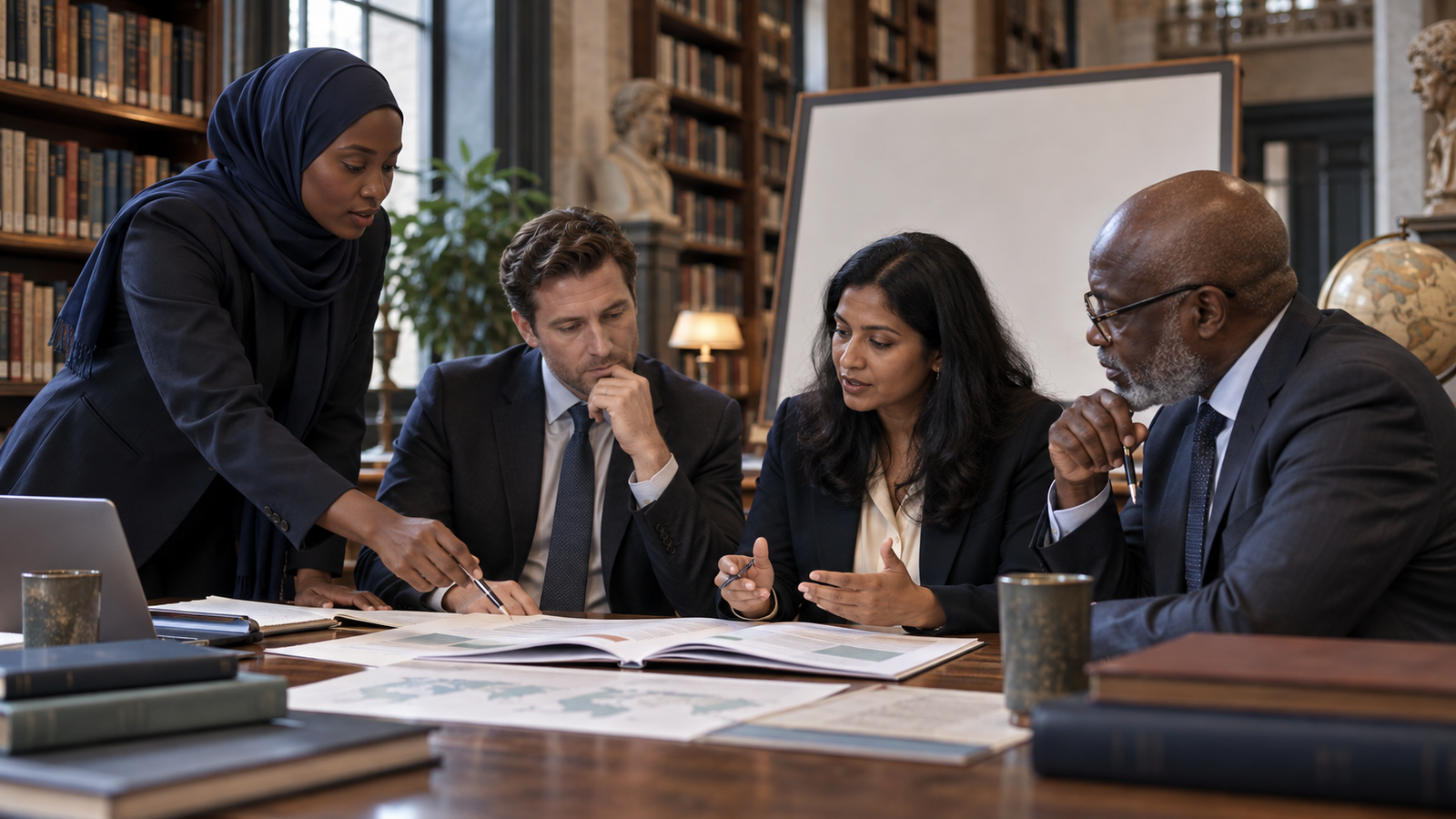 A diverse policy advisory team reviewing an anonymised implementation dossier, illustrative BFG visual.
