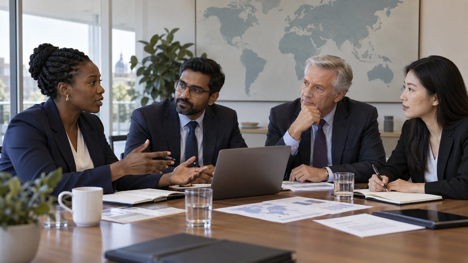 Policy advisory team discussing governance and development materials