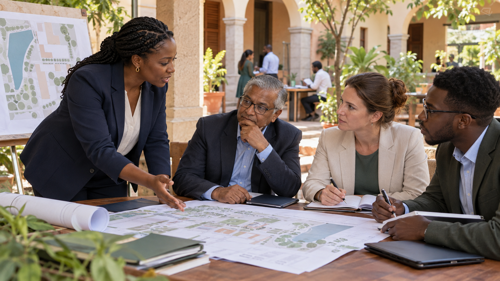 A diverse institutional development team working with public administrators on capacity and policy implementation, illustrative BFG visual.