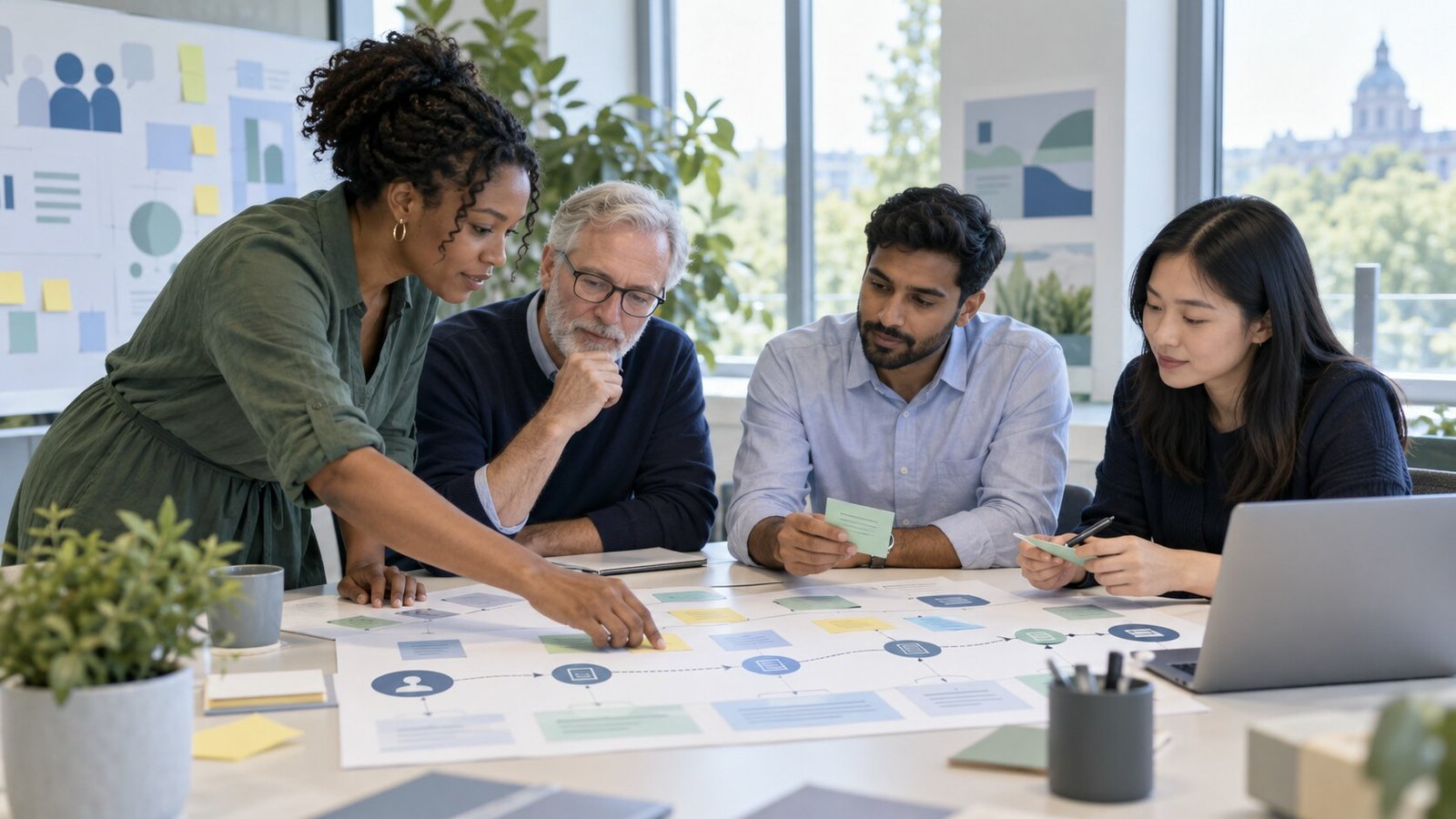 Public-service design team reviewing an abstract service journey map