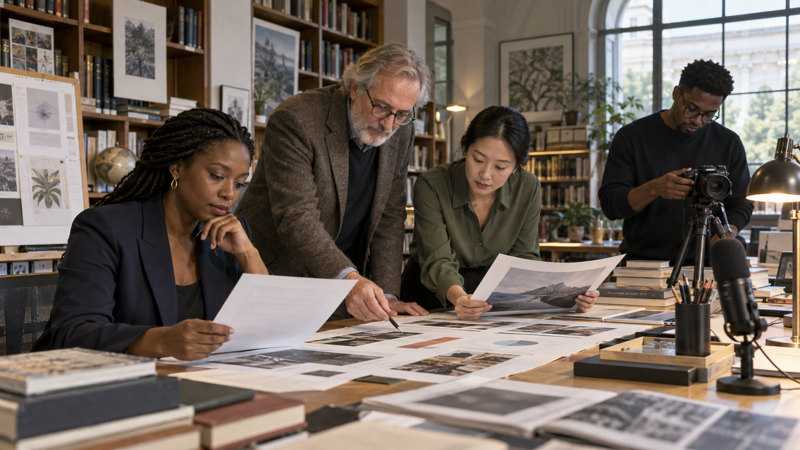 A diverse editorial research team checking an evidence-led publication, illustrative BFG visual.