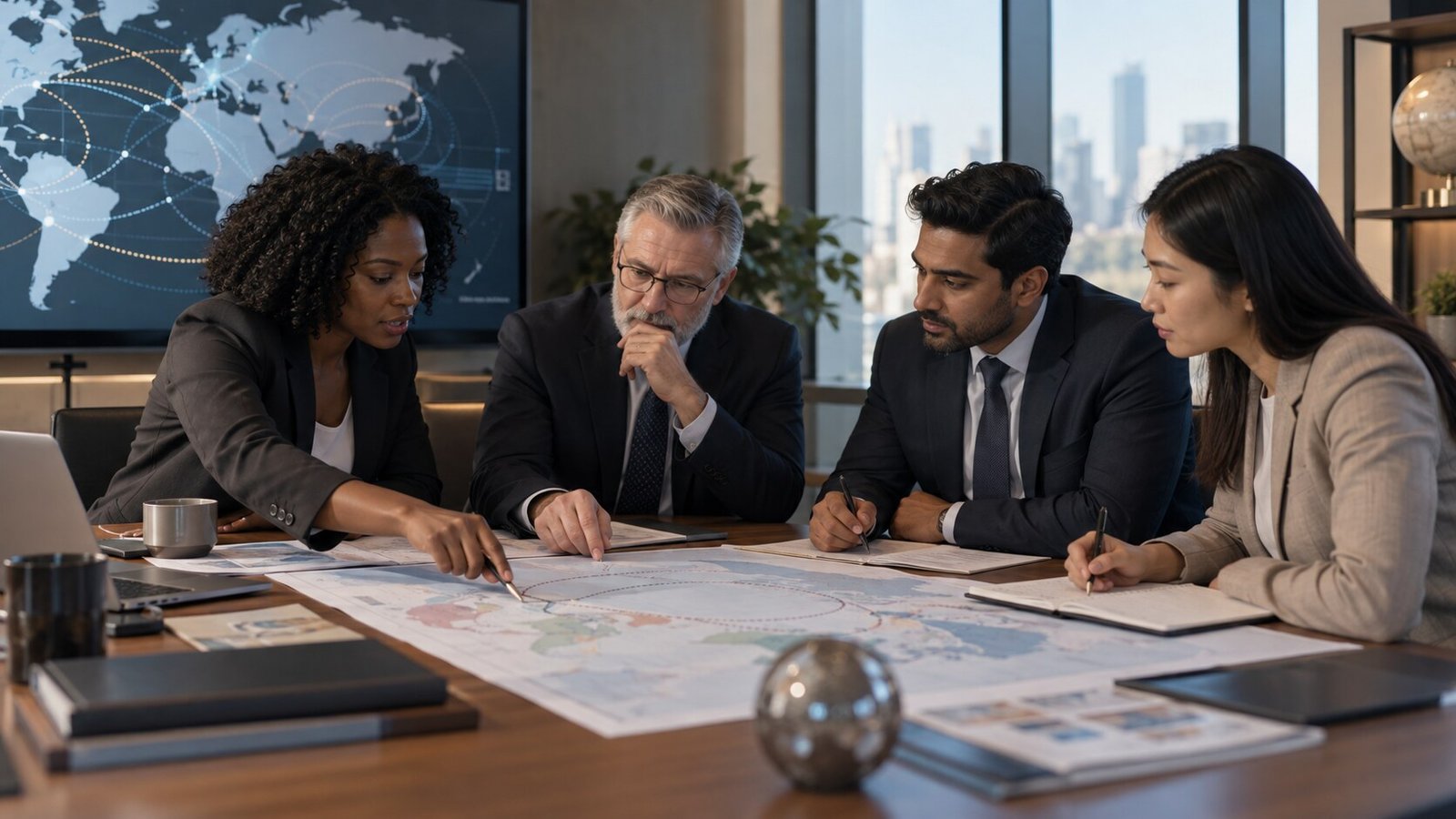 Market-entry team reviewing abstract trade routes and priorities
