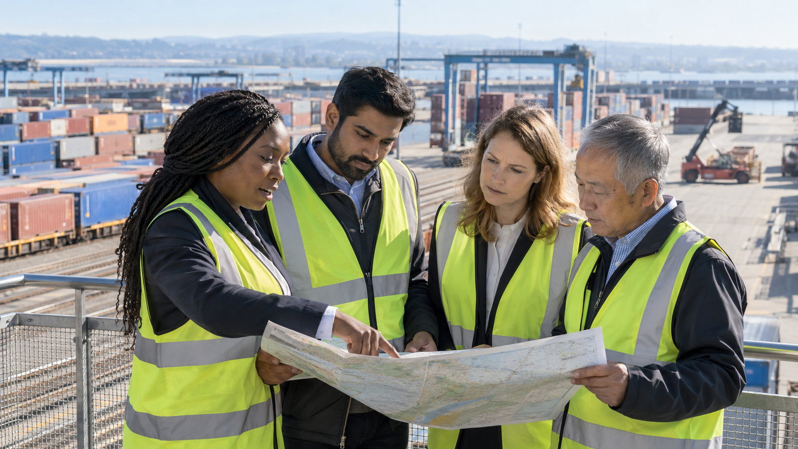 A diverse trade advisory team reviewing cross-border logistics routes at a freight terminal, illustrative BFG visual.