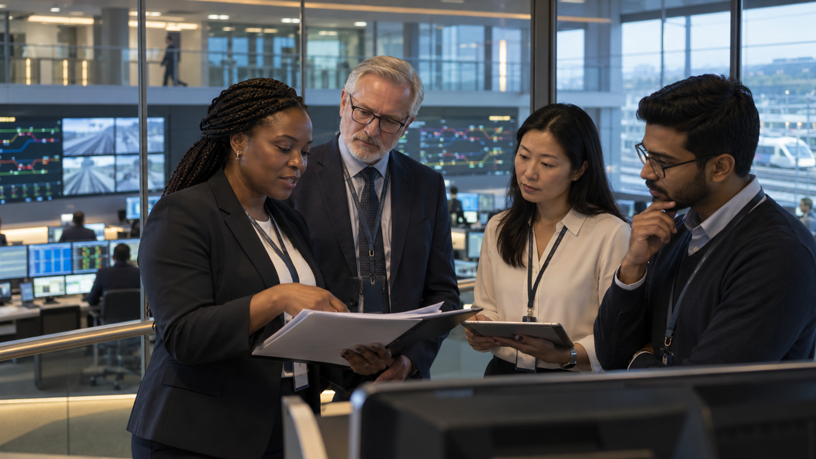 A diverse assurance team reviewing resilience controls in a mission-critical operations centre, illustrative BFG visual.