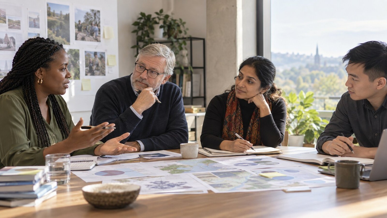 Diverse research team reviewing maps and evaluation materials in an evidence workshop