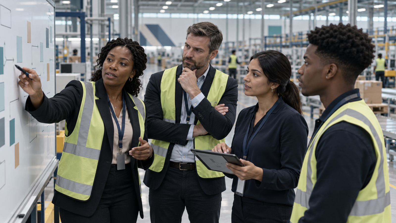 A diverse implementation team reviewing transformation checkpoints on a delivery floor, illustrative BFG visual.