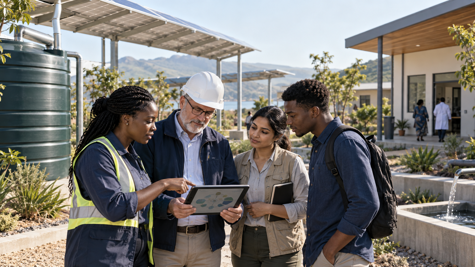 A diverse team assessing community energy, water, and health infrastructure in the field, illustrative BFG visual.