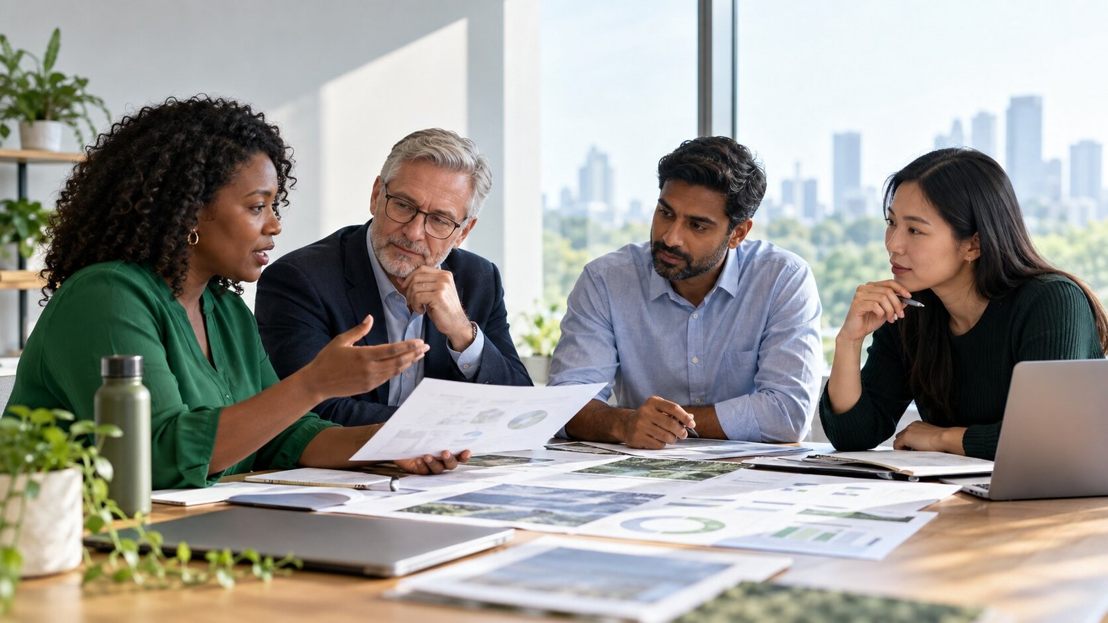 Sustainability team reviewing ESG reporting materials