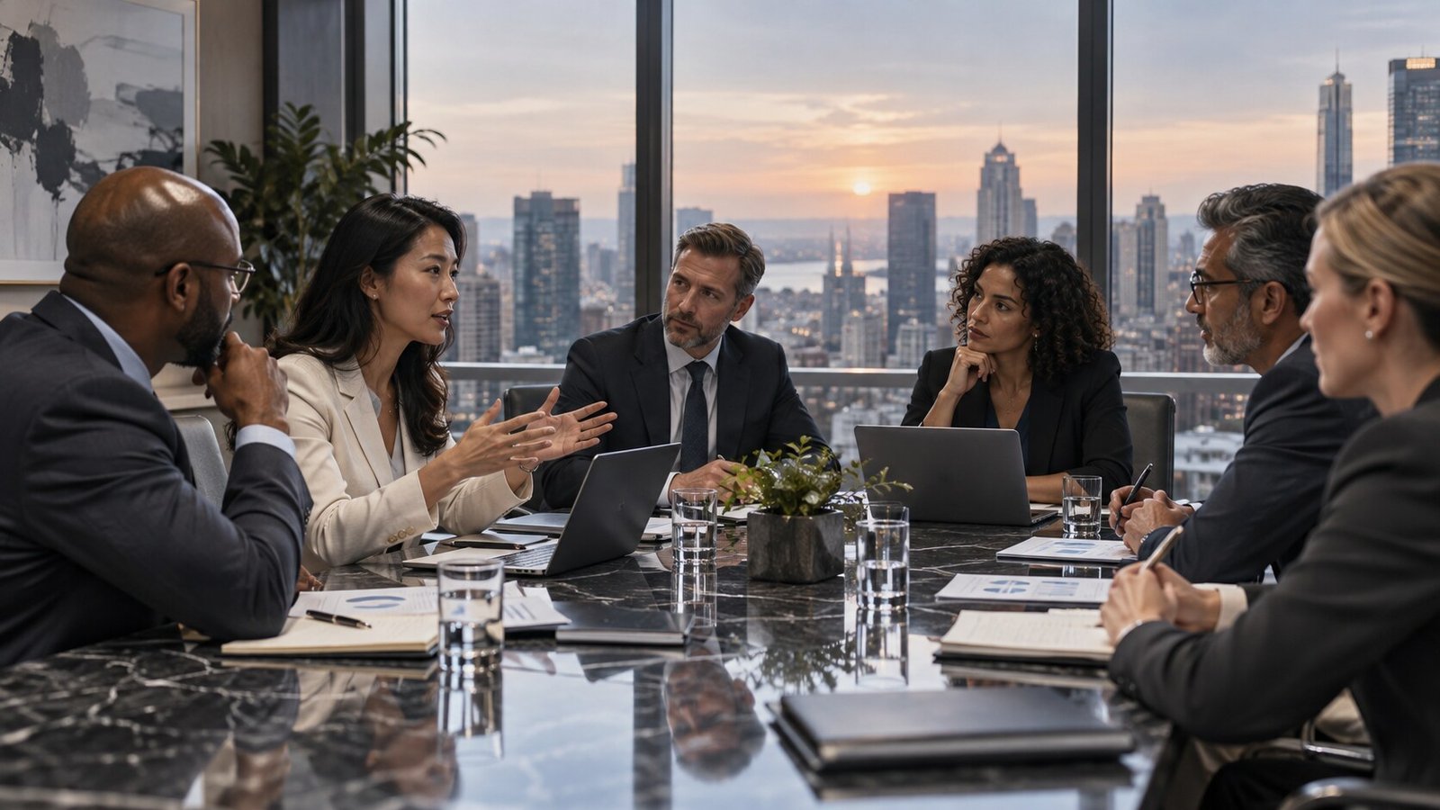 Business leaders reviewing growth and operating-model choices