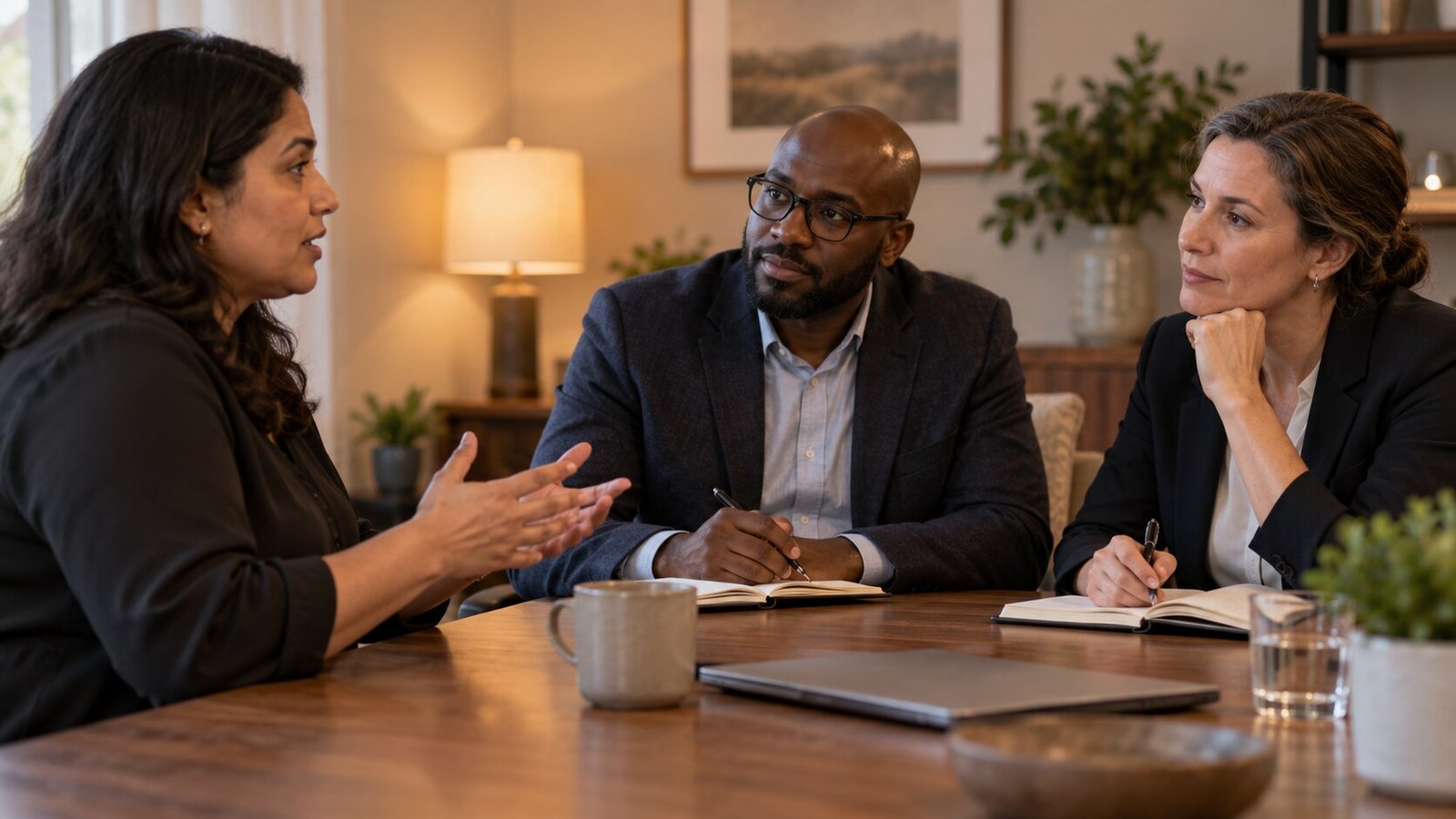 Advisers listening to an organisation's requirement, illustrative visual.