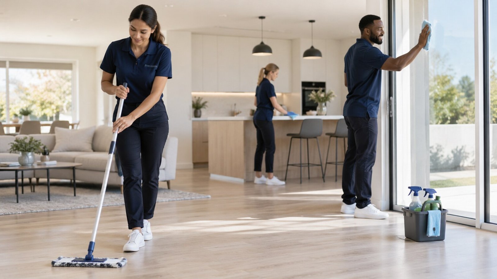 Professional cleaning team preparing a finished property for handover