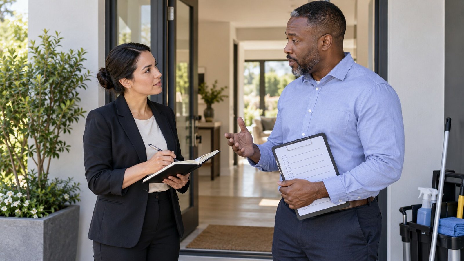 Client discussing a property handover requirement with a cleaning adviser