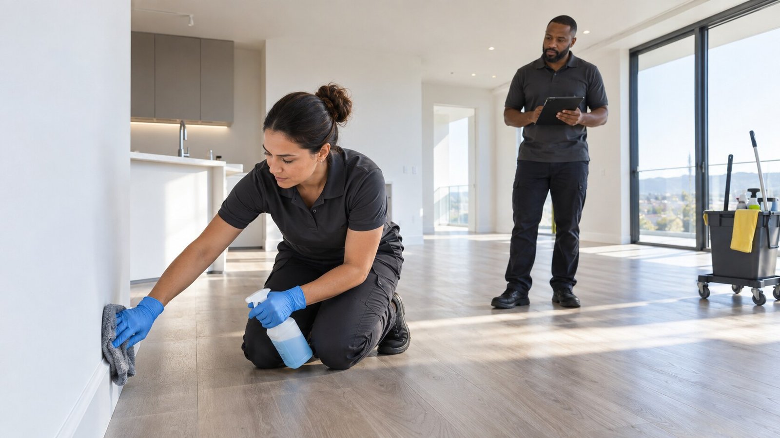 Professional cleaning specialists completing detailed handover services